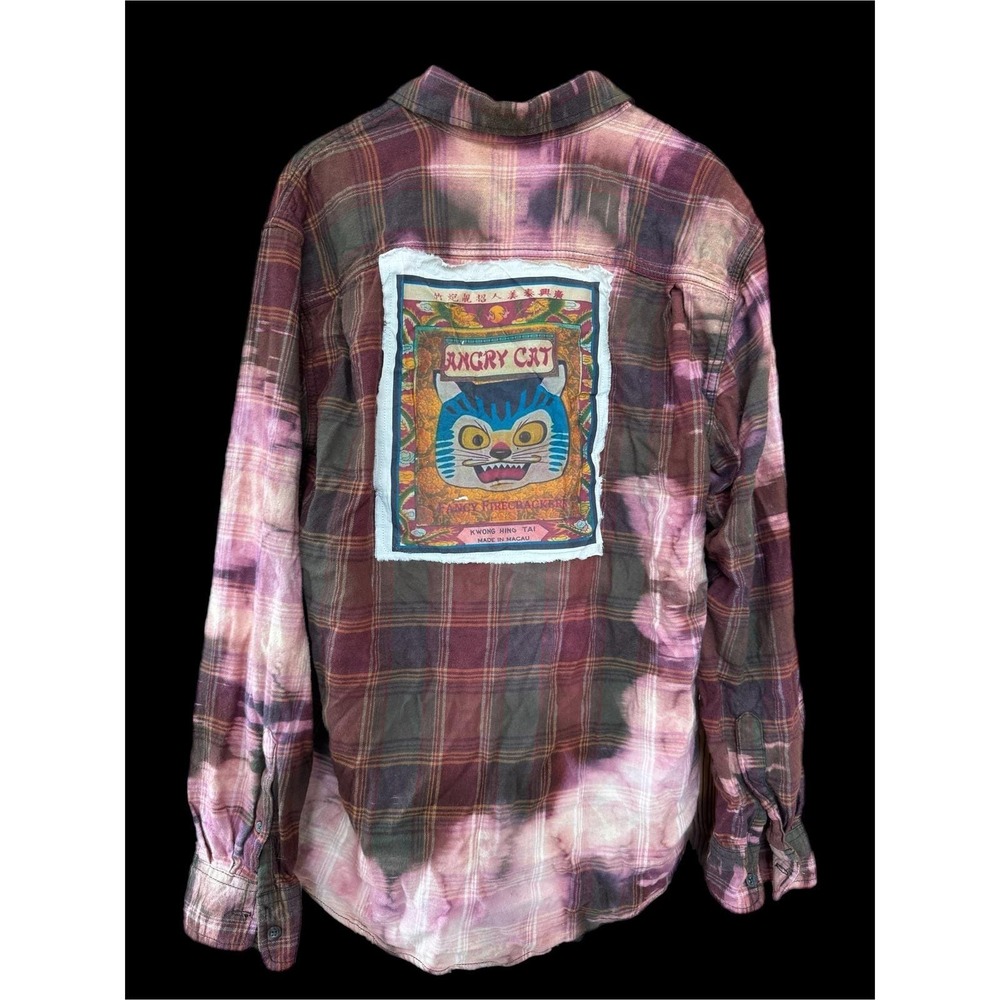 Upcycled Flannel Shirt Angry Cat Patch Grunge Art Large - Picture 3 of 7